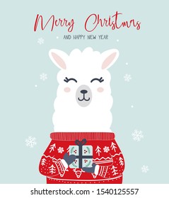 Merry Christmas and Happy New Year greeting card with llama vector illustration. Winter holiday postcard decorated by Xmas animal in sweater holding present box, snowflakes on blue background