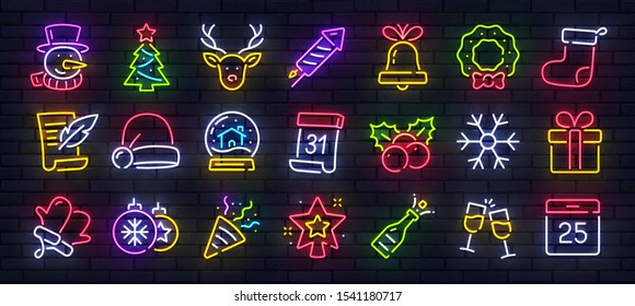 Merry Christmas and Happy New Year big set neon icon. Design elements. Winter neon icons set. Vector illustration