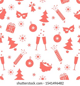 Merry Christmas Happy New Year 2020. Vector seamless pattern. Gifts, bell, carnival mask, Santa Claus beard, mustache, crackers, glasses, Christmas tree, snowflakes Festive background Design for print