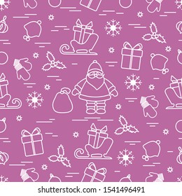 Merry Christmas Happy New Year 2020. Vector seamless pattern Santa Claus, gifts, Christmas tree decorations, mistletoe, sleigh, mittens, baby hat, snowflakes. Festive background. Design for print.