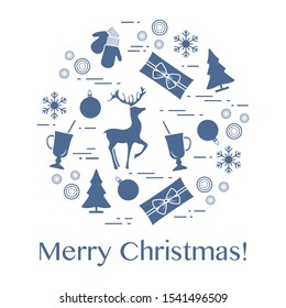 Merry Christmas Happy New Year 2020. Vector illustration with gifts, deer, mulled wine glass, Christmas tree, mittens, Christmas decorations balls, snowflakes. Festive background. Design for print.