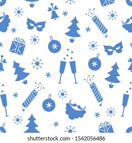 Merry Christmas Happy New Year 2020. Vector seamless pattern. Gifts, bell, carnival mask, Santa Claus beard, mustache, crackers, glasses, Christmas tree, snowflakes Festive background Design for print