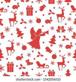 Merry Christmas Happy New Year 2020 background. Vector seamless pattern with angel, Santa Claus reindeer, gifts, Christmas sock, bells, hare, Christmas tree, ball, mistletoe, sled, mittens, snowflakes