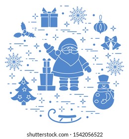Merry Christmas Happy New Year 2020. Vector illustration  Santa Claus, gifts, bells, Christmas tree, mistletoe, snowman, sleigh, Christmas decorations, snowflakes. Festive background. Design for print