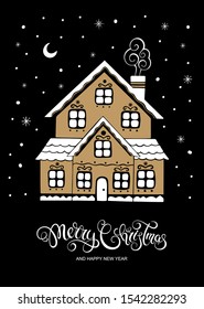 Merry Christmas and Happy New Year greeting card with house, night sky and calligraphy. Vector illustration.
