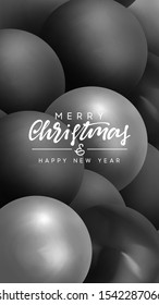Merry Christmas and Happy New Year. Background with realistic 3d render round black balls, sphere, pearls pattern. Vector illustration.