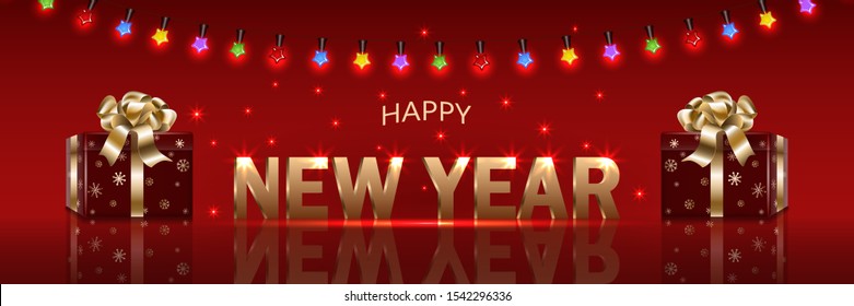 Merry Christmas and Happy New Year 2020, Xmas vector banner, mockup for holiday illustration design, red background, gift boxes with bow and snowflakes, garlands, confetti, sparkling stars.