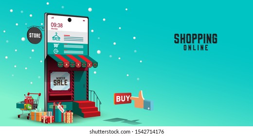 Merry Christmas and Happy New Year. Shopping Online on Website or Mobile Application Digital marketing. Winter Snowy. VECTOR