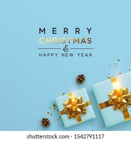 Merry Christmas and Happy New Year. Background Xmas design, realistic blue gifts box with lush golden bow, brown pine cone, glitter gold confetti. Christmas poster, greeting cards