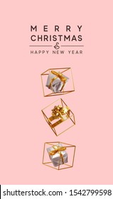 Merry Christmas and Happy New Year. Creative realistic gift boxes with golden bow in an empty golden cube. Festive decorative design elements. Decoration holiday objects. Vector illustration.