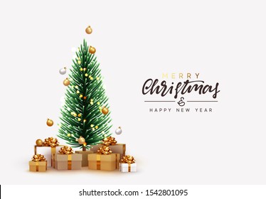 Merry Christmas and Happy New Year. Xmas presents under the Christmas tree. Decorative Pine spruce tree. Realistic brown and white gift boxes. Festive background Greeting card, banner, poster.