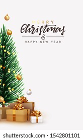 Merry Christmas and Happy New Year. Xmas presents under the Christmas tree. Decorative Pine spruce tree. Realistic brown and white gift boxes. Festive background Greeting card, banner, poster.