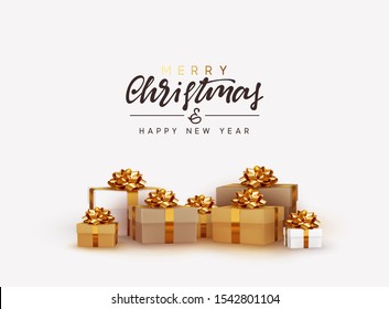 Merry Christmas and Happy New Year. Realistic brown and white gift boxes. Festive background Greeting card, banner, poster. Xmas present. Vector illustration