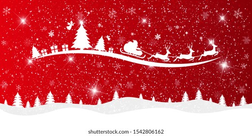 Merry Christmas and happy New Year. Christmas snow landscape on the red background with santa claus. Vector illustration.