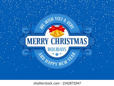 Merry Christmas and Happy New Year greeting card design in vintage engraved style. And golden Jingle bells in realistic style as design highlight. Blue snowy background. Vector illustration.
