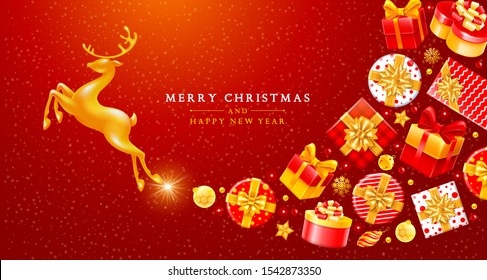 Merry Christmas and Happy New Year. Luxury design with golden running magic deer and many gift boxes with different decor. Concept of festive greeting or Christmas sale. Vector illustration.