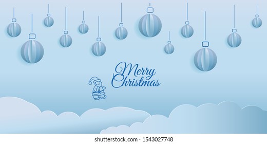 Merry Christmas and Happy New Year printable greeting card, banner background. Santa Claus on the clouds. Xmas hanging blue ball on winter landscape decoration design for website header. Paper cut art