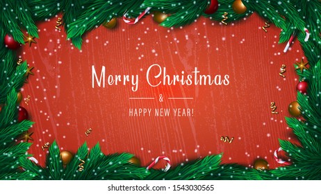 Merry Christmas and Happy New Year banner on red background with spruce tree branches, candies, stars. Template for cover, greeting card, poster, banner, invitation, party. Vector illustration