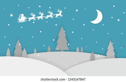 Merry Christmas and Happy New Year, greeting card for winter holidays. Santa Claus with reindeers and sleigh on night sky, Paper cut out style. vector illustration
