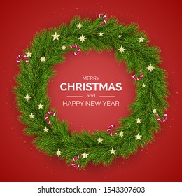 Merry Christmas and Happy New Year. Christmas Tree Wreath Decorated with Golden Stars and Candy Canes. Holiday Decoration Element on Red Background. Vector