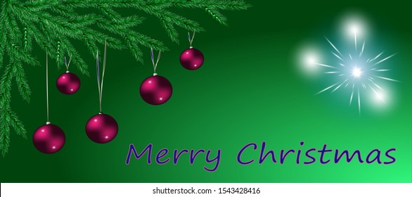 Merry christmas and happy new year. Vector illustration of holidays, cards, invitations and banners. Year of the rat. Decoration with shiny toys with balls and branches of a Christmas tree.