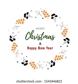 Merry Christmas and Happy New Year Design Card. Frame Circle with White Background. Merry Christmas Greeting Text Branch Wreath Circle Isolated Background