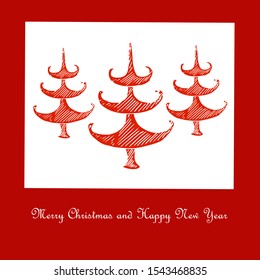 Merry Christmas and Happy New Year congratulation card, tree stylised stroke red christmas tree on white art design element for web, for print