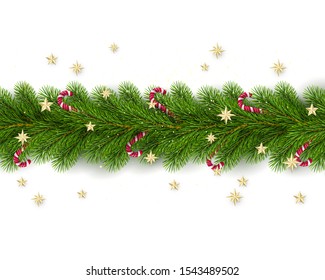 Merry Christmas and Happy New Year. Christmas Tree Branches Decorated with Golden Stars and Candy Canes. Holiday Decoration Element on White Background. Vector