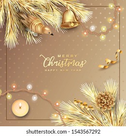 Merry Christmas and Happy New Year background. Christmas vector card with fir twigs, toy bird, handbell, gold pine cone and Christmas lights.