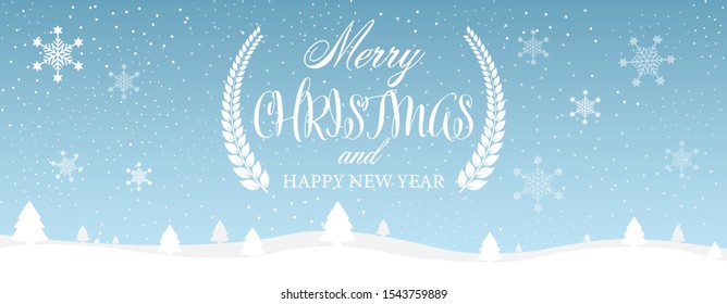 Merry Christmas and Happy New Year typographical on blue background with winter landscape with snowflakes.  Vector illustration