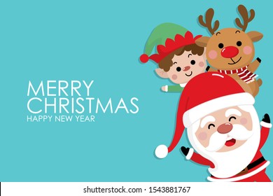 Merry Christmas and happy new year greeting card with Santa Claus, reindeer, and little elf. Cute holiday cartoon character vector.