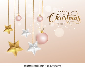 Merry christmas and happy new year lettering on soft pink background decorated with baubles and golden, white stars.