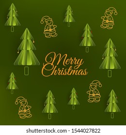 Merry Christmas and Happy New Year greeting card with printable Illustration of man. Santa Claus on green background. Typography Vector Xmas, New Year, winter concept with fir tree. Paper cut art