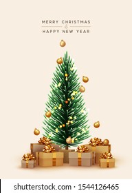 Merry Christmas And Happy New Year. Xmas Presents Under The Christmas Tree. Decorative Pine Spruce Tree. Realistic Brown And White Gift Boxes. Festive Background Greeting Card, Banner, Poster.