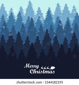 Merry christmas and happy new year, Holiday Christmas Pine Tree Forest, Winter landscape background with falling snow Cartoon Graphic, new year card, vector illustration.