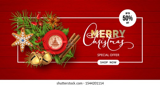 Merry Christmas and Happy new year sale banner. Christmas wooden red background with a cup of coffee and festive decorations