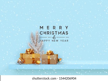 Merry Christmas and Happy New Year. Shelf and podium with realistic golden gifts boxes with gold bows, silver pine and spruce branch. Xmas blue background with present box. vector illustration