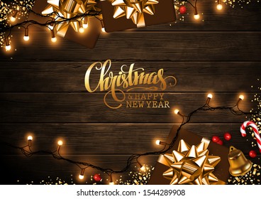 Merry Christmas and Happy New Year!
Background from wooden boards is decorated with cones, garlands, bells and bows. Highly realistic illustration.