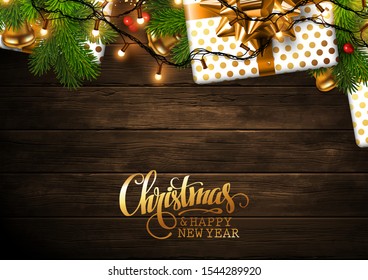 Merry Christmas and Happy New Year!
Background from wooden boards is decorated with cones, garlands, bells and bows. Highly realistic illustration.