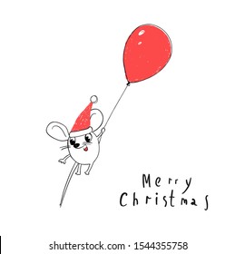 Merry Christmas and happy New Year Greeting Card. 2020 Cute White Santa Claus Mouse or Rat Fly in a Balloon. Animal cartoon black and white illustration