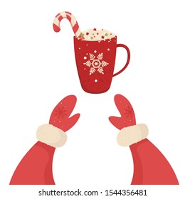 Merry Christmas and Happy New Year concept. Santa Hands with mittens grab for egg nog. Cartoon styled illustration.Vector design element.