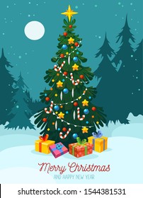 Merry Christmas and Happy New year greeting card vector illustration. Template of green fir-tree decorated with candies, balls, garland, star, gift boxes on snowy night forest background. Xmas concept