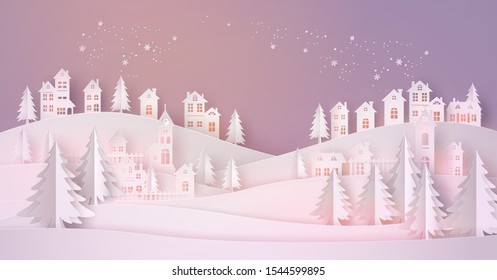 Merry Christmas and Happy New Year. Illustration of Santa Claus on the sky coming to City ,paper art and craft style