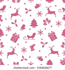 Merry Christmas Happy New Year 2020. Vector seamless pattern with Santa Claus reindeer, gifts, bells, Christmas tree, sock, mistletoe, sled, mittens, snowflakes. Festive background. Design for print.