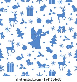 Merry Christmas Happy New Year 2020 background. Vector seamless pattern with angel, Santa Claus reindeer, gifts, Christmas sock, bells, hare, Christmas tree, ball, mistletoe, sled, mittens, snowflakes