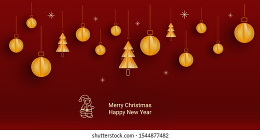 Merry Christmas and Happy New Year greeting card with printable Illustration. Santa Claus on red background. Typography Vector Xmas, New Year, winter concept with yellow fir tree, balls. Paper cut art