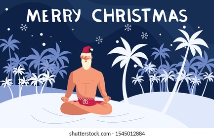Merry Christmas and Happy New Year card! Young athletic Santa Claus isolated. Flat Art Vector illustration