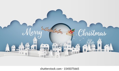 Merry Christmas and Happy New Year. Illustration of Santa Claus on the sky coming to City ,paper art and craft style