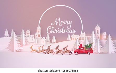 Merry Christmas and Happy New Year. Illustration of Santa Claus  coming to City ,paper art and craft style