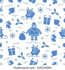 Merry Christmas Happy New Year 2020. Vector seamless pattern Santa Claus, gifts, Christmas tree decorations, mistletoe, sleigh, mittens, baby hat, snowflakes. Festive background. Design for print.